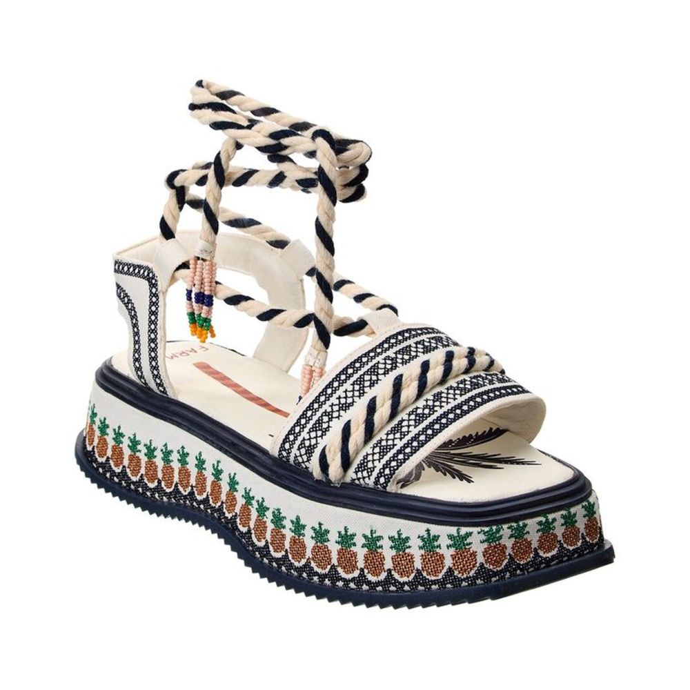 FARM Rio Canvas Flatform platform Sandal 8 39 ankle rope tie beaded tassel tie